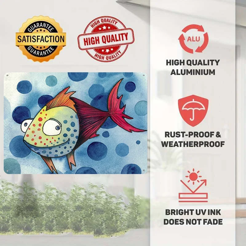 Crazy Fish 4 Personalized 3D Textured Metal Poster Wall Art Tinplate Sign for Bathroom Decor Room Wand Deko Bedroom Decoration