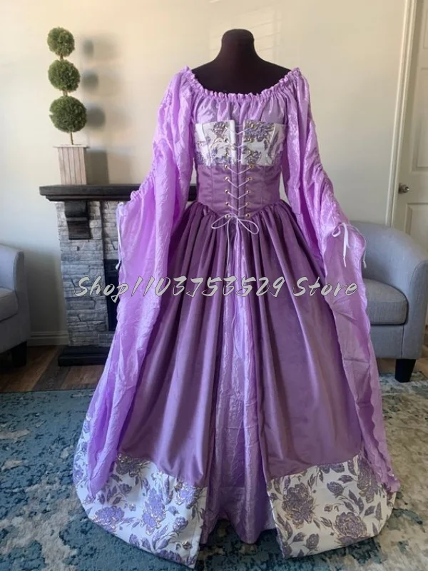 Vintage Lavender Purple Victorian Prom Dresses Delicate Lace-up Bodice Pleated European Poncho Fantasy Masquerade Gowns