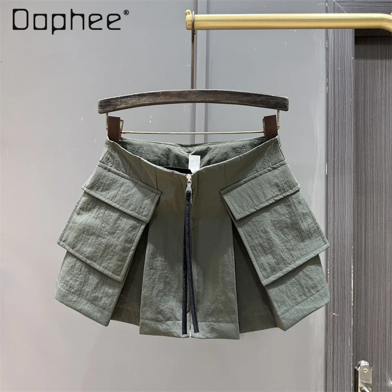 Tendência europeia moda bolso duplo mini saia de ferramentas feminino verão nova fileira única zíper casual versátil magro a linha saias