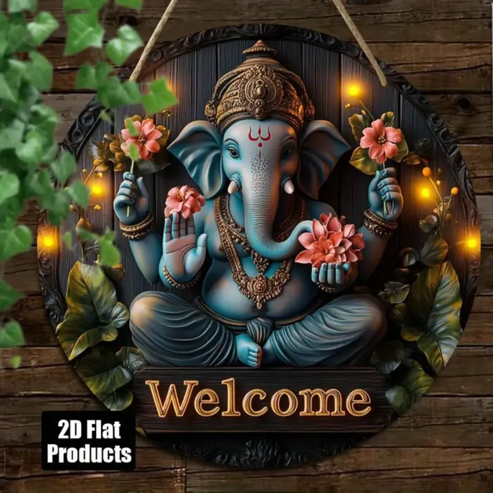Decoración de pared 2D Ganesha God, letrero de bienvenida redondo de madera, adecuado para el hogar, restaurante, cafetería, porche, decoración de oficina, regalo