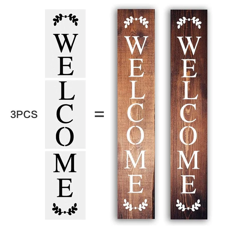 Welcome Sign Stencil, Large Letter Stencils For Painting On Wood Reusable Porch Sign And Front Door Vertical Decorating
