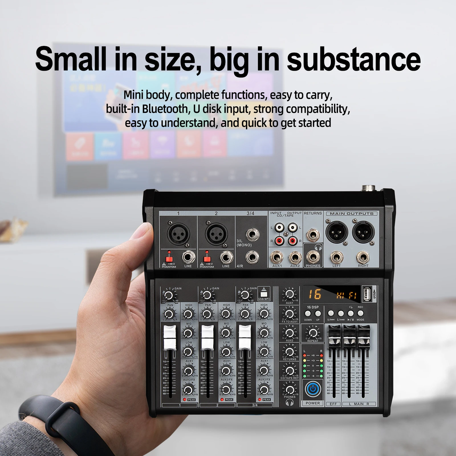 Digital 4-Channel Audio Mixer Mixing Console Built-in 48V Phantom Power With BT Function Professional Audio System