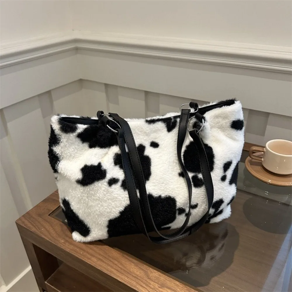 Gift Large Capacity Plush Tote Bag Versatile Durable Cow Print Shoulder Bag Soft Fluffy Underarm Bag Women