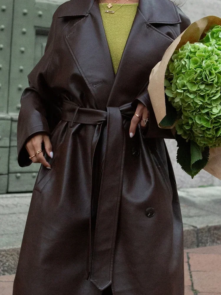 المرأة شيك الدانتيل يصل معطف جلد عادية التلبيب الخصر Cinching واحدة الصدر سترات طويلة موضة 2025 سيدة التنقل اليومي أبلى