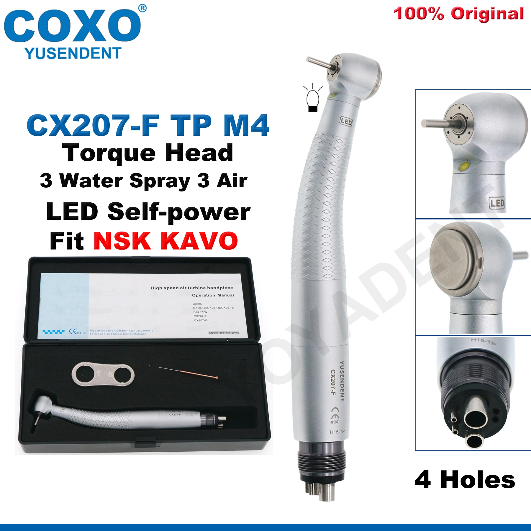 COXO CX207-F Tandheelkundige LED Hoge Snelheid Turbine Handstuk E Generator Knop Koppel Hoofd Air Turbine 2/4 Gaten Fit NSK KAVO