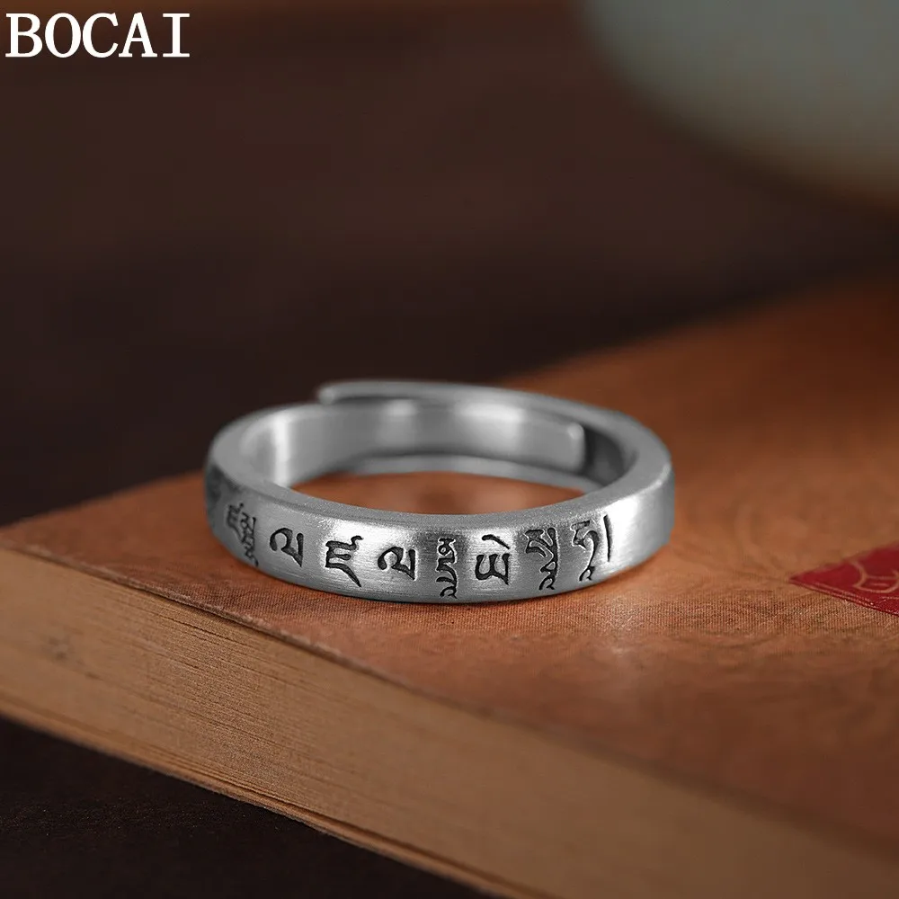 BOCAI New S990 Silver Jewelry Retro Trend Buddhist Six-character Mantra Scripture Adjustable Woman Engagement Ring
