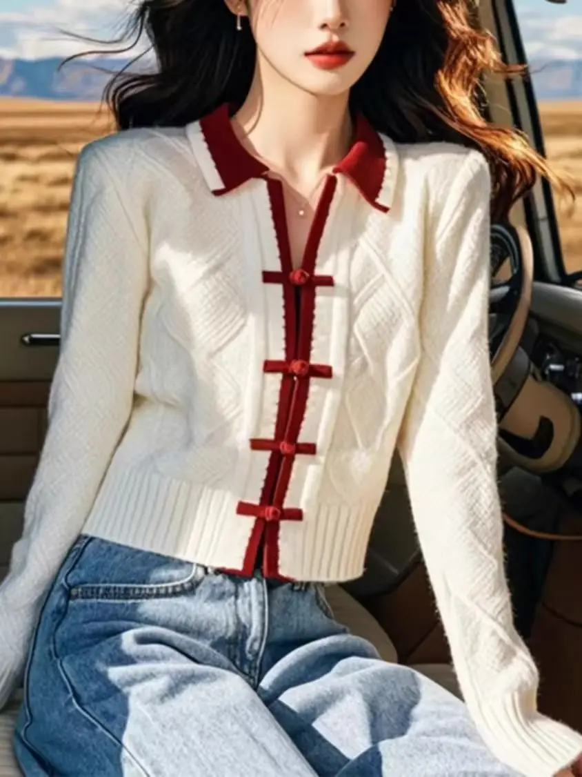 Estilo chinês retalhos camisola de malha cardigan feminino manga longa único breasted senhora do escritório casual camisola malhas 2025 novo