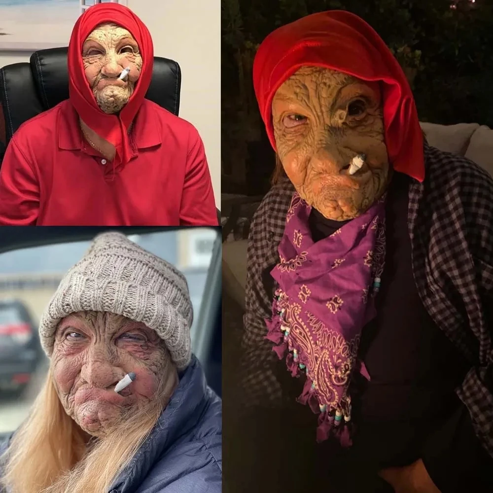 Adult Female Latex Mask Cosplay Grandma Mask Halloween Old Lady Wearing Headscarf Full Head Mask Smoking Wrinkles Horror Mask