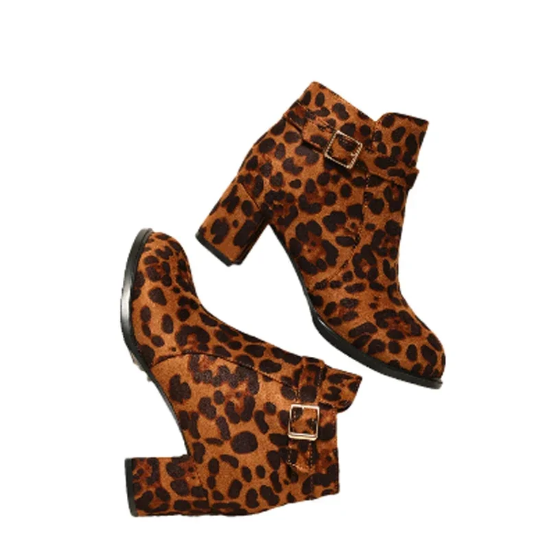 Leopard Suede Women Ankle Boots Mid Heels Chunky Shoes Women's Winter Boots 2025 Trend New Fashion Designer Elegant Female