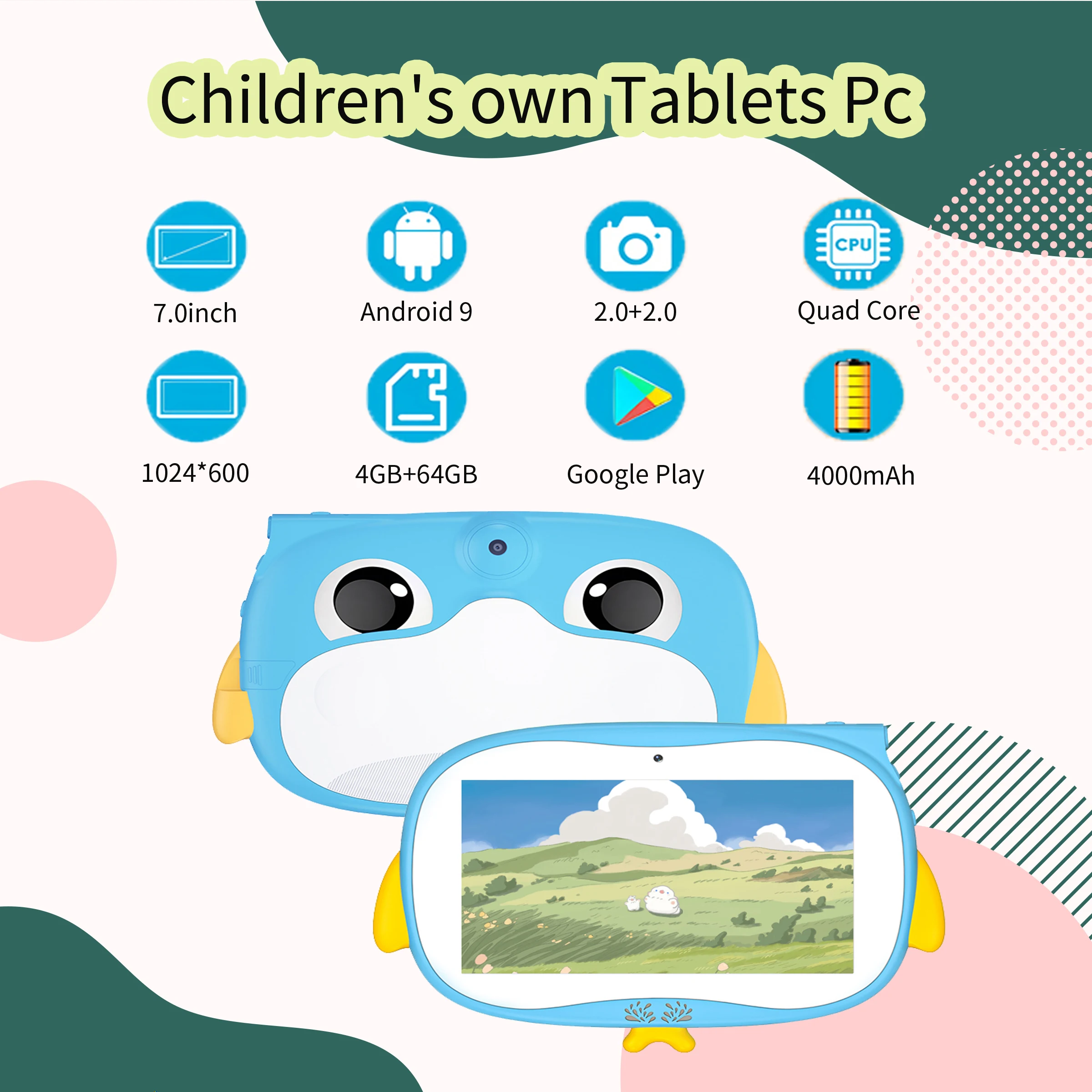 サン耐性-子供用のGooglePlayタブレット,Android 9.0, 4GB, 64GB,クアッドコア,wifi,子供用,hewrew,4000mah,7インチ,新品,2022