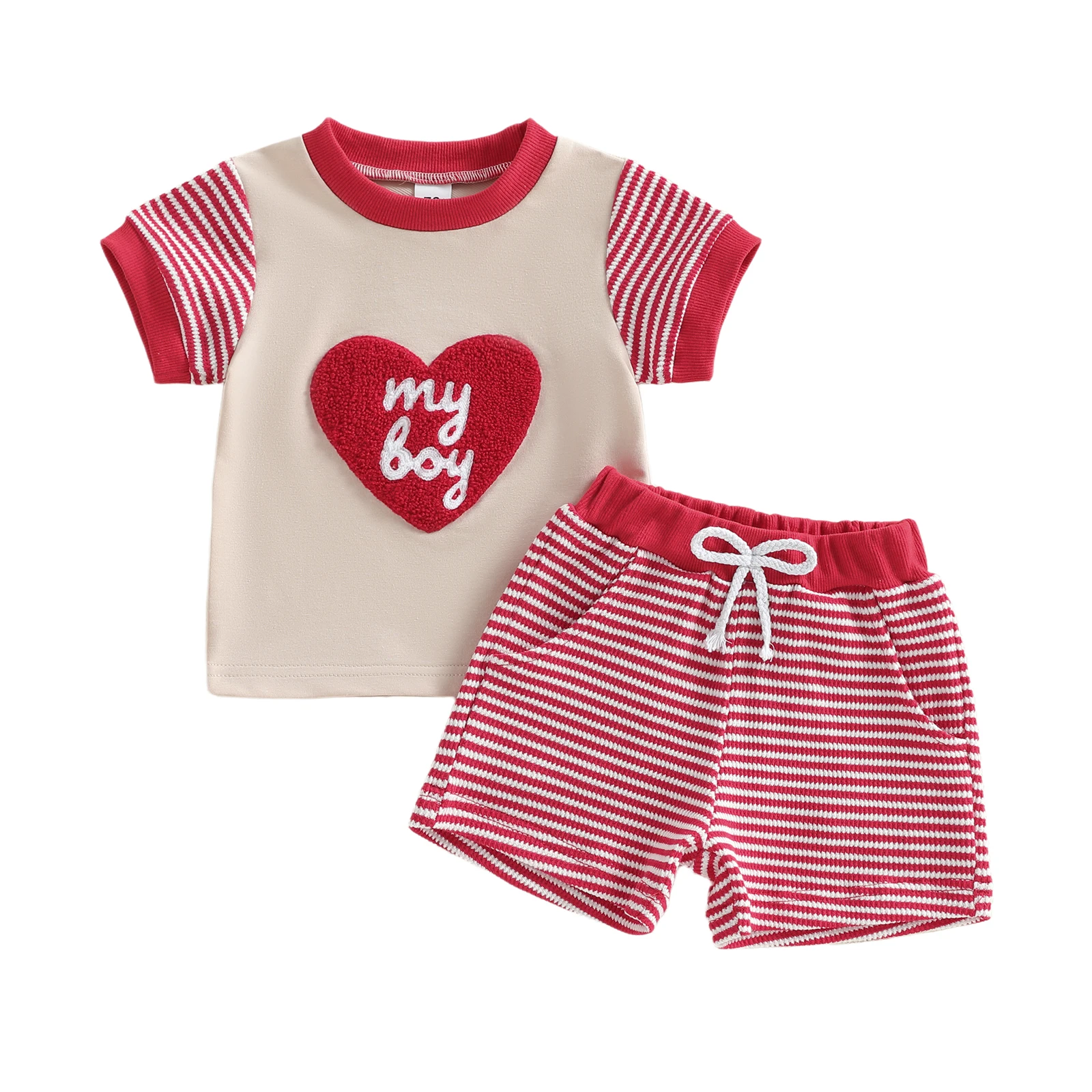 رائعتين طفل بنين عيد الحب الملابس القلب طباعة طاقم الرقبة المحملة مرونة الخصر السراويل 2 قطعة الزي مجموعة للأطفال #1