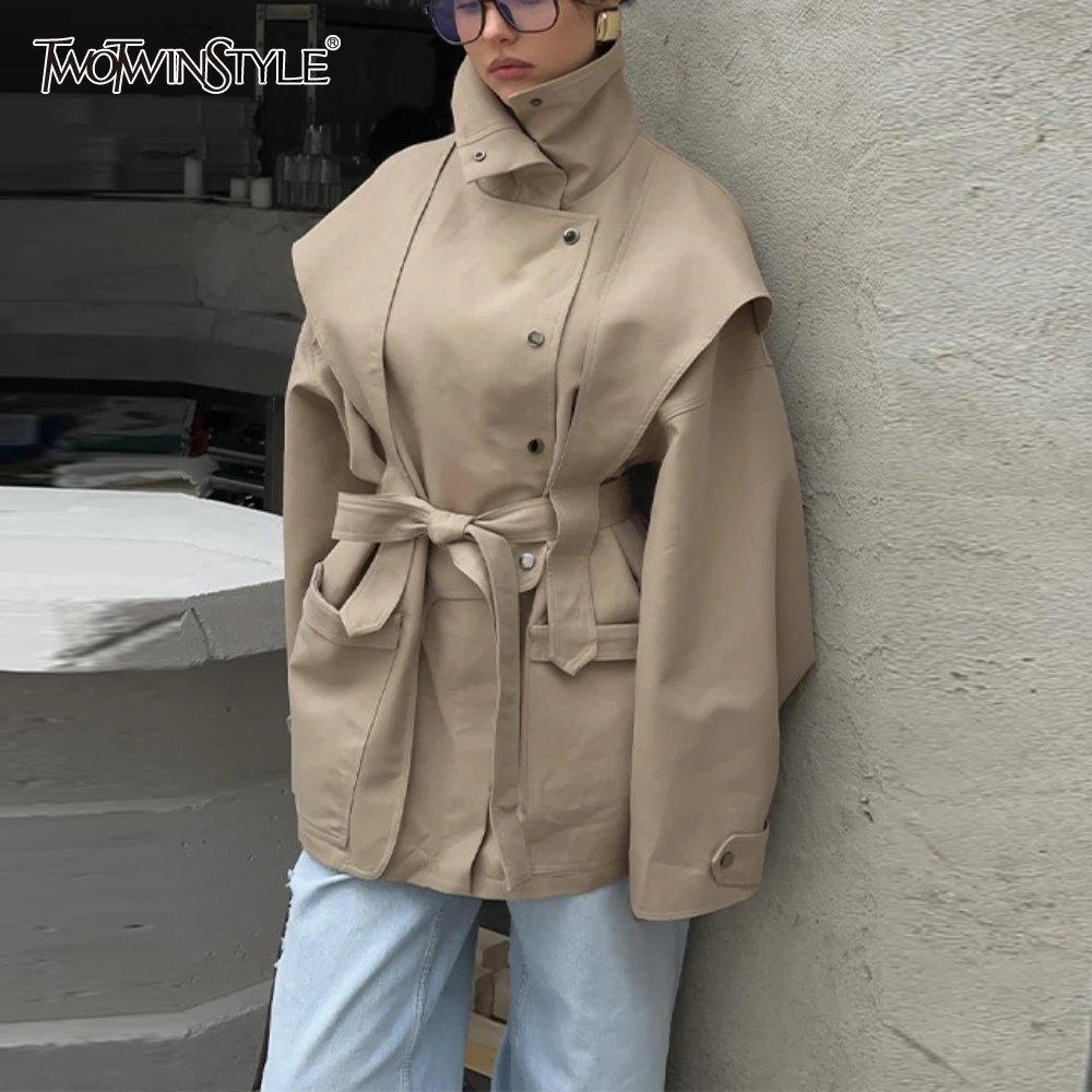 

TWOTWINSTYLE модная базовая ветровка для женщин с воротником-стойкой и длинными рукавами в стиле пэчворк на шнуровке, повседневная короткая куртка, женская новинка