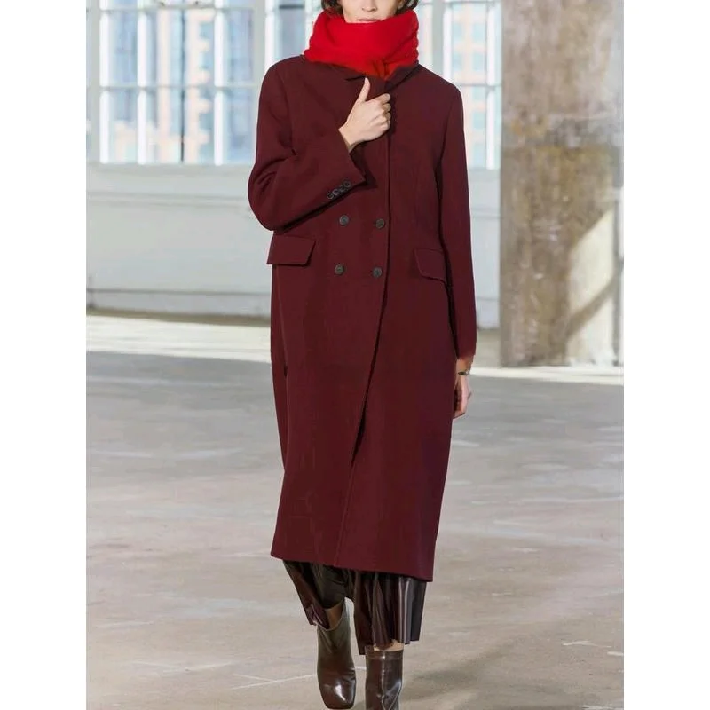 Spring New Arrival Women's Long Sve Notch Collar Blended Coat Jaet Commute Sle Straight Cut Medium Length Double Button