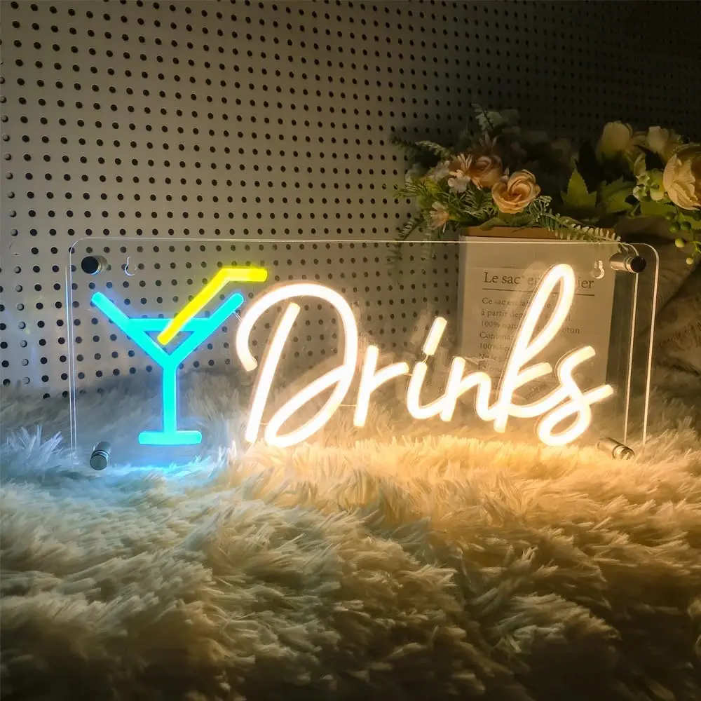 

Drinks Warm White Neon Light Drinks Letters Neon Bar Signs Light Up Wall Decor for Teen Boys Room Bedroom Restaurant Bar