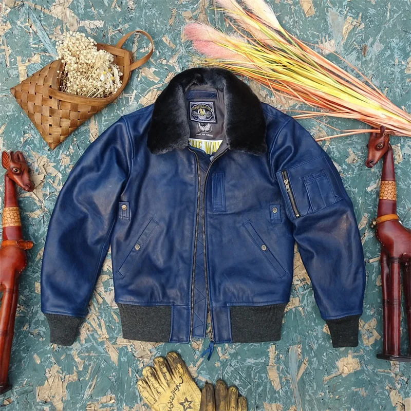 

Blue Dye Genuine Leather Biker Jaet Youth Faion Urban Sle ort Coat Zipper Closure Casual Leisure Winter Coat