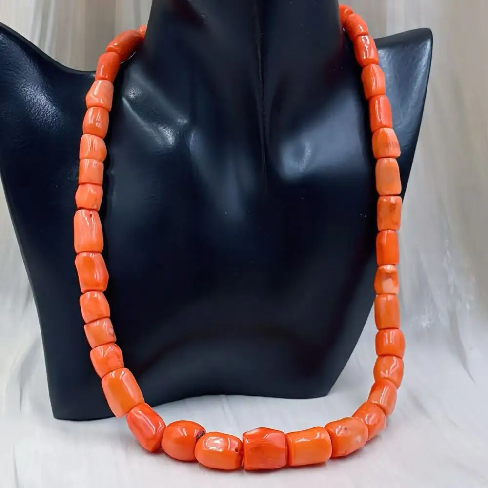 8-14mm Drum Orange Sea Bamboo Natural Coral Beads Woman Graduated Necklace 17-20