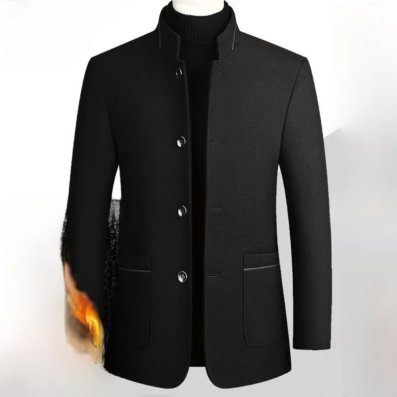 

Men's Woolen Thickened Stand Collar Jacket Cotton Lined Slim Fit Winter Coat High End Warm Dad Style Full Sleeve Outerwear
