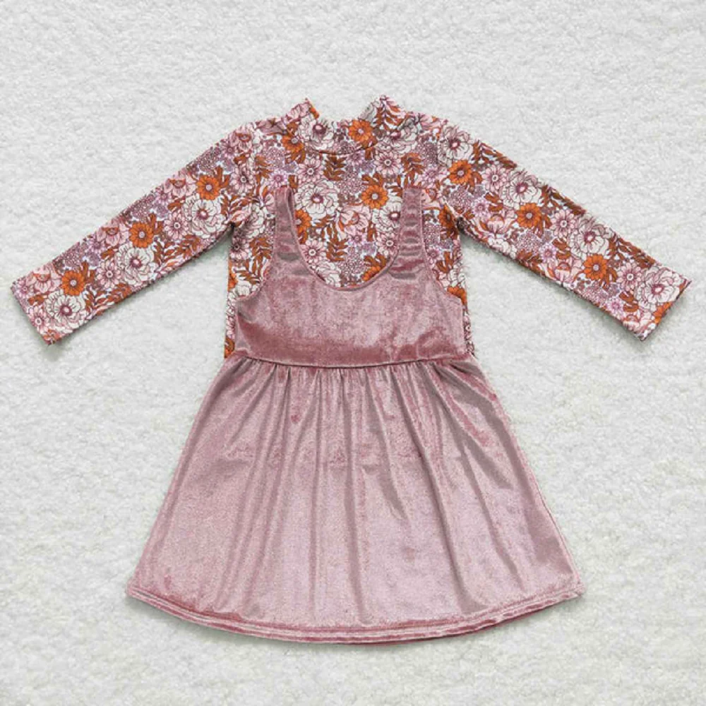 Western Baby Girls Floral Turtleneck Long Sleeve Brown Velvet Suspender Dress Set Wholesale Boutique Children Clothes RTS