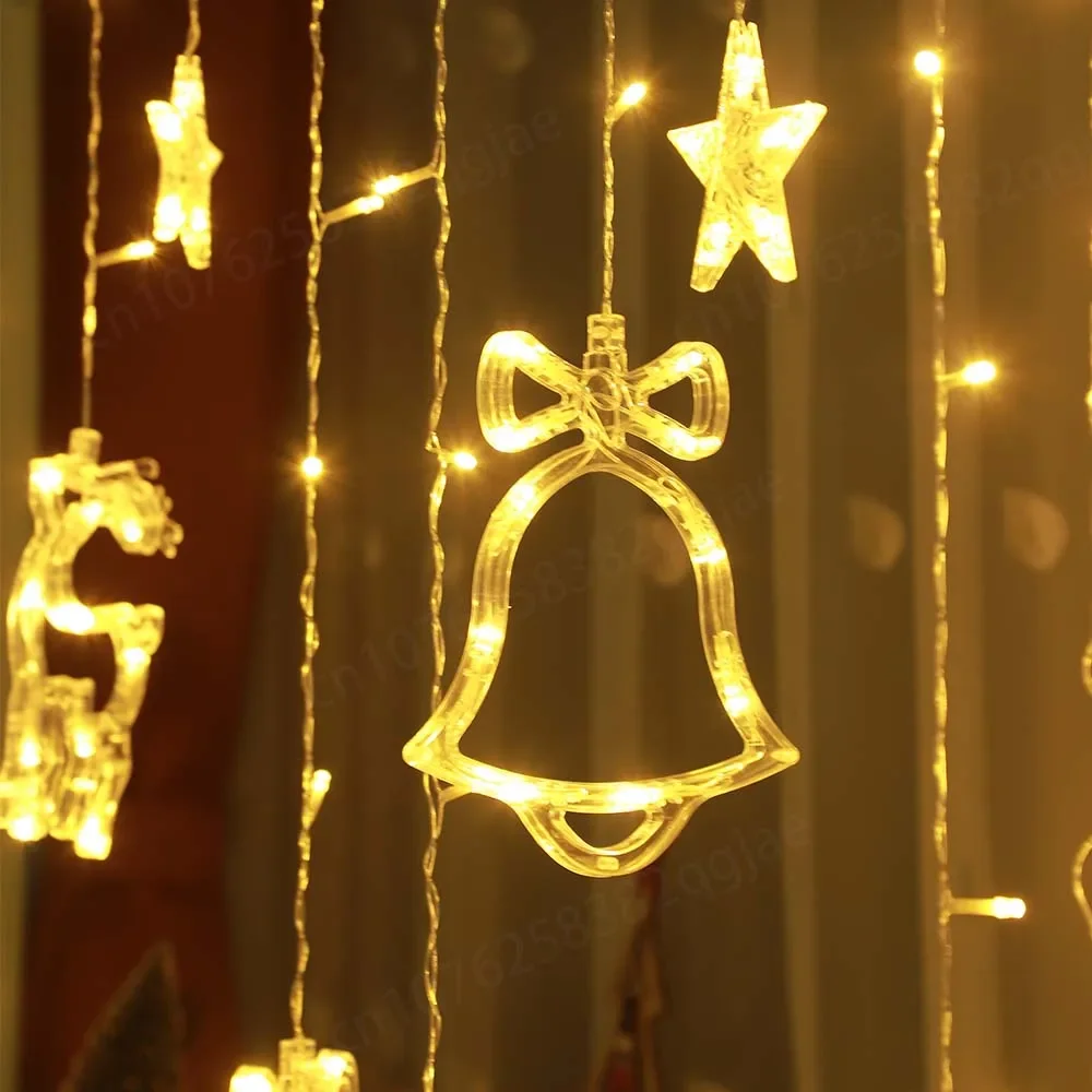 LED الستار أضواء عيد الميلاد الاتحاد الأوروبي التوصيل الغزلان جرس ستار جارلاند الجنية StringLight السنة الجديدة الديكور لحفل زفاف عطلة 2025