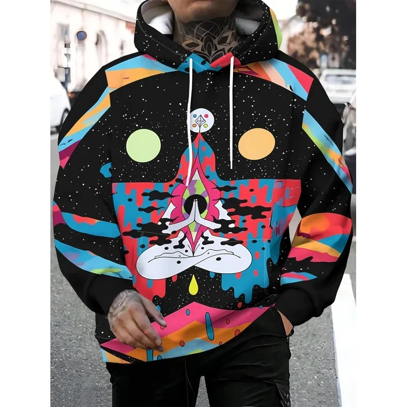 Men Black Starry Sky Colorful Dripping Paint Meditation Buddha Abstract Graffiti Print Drawstring Hoodie With Pocket