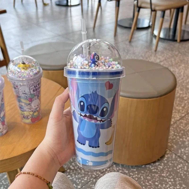 Hot Disney Straw Cup Stitch Double Layered Plastic Cup Cartoon Children's Portable Straw Cup Water Bottles Birthday Gift