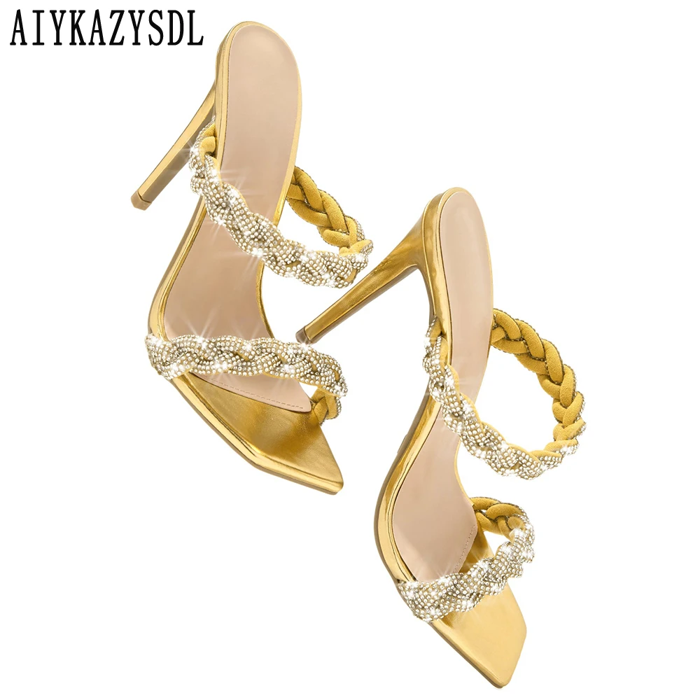 

AIYKAZYSDL 2023 Summer Crystal Rhinestone Sandals Weave Strap Slides Slippers Summer Glitter Slides Mule High Heel Sandals Pumps