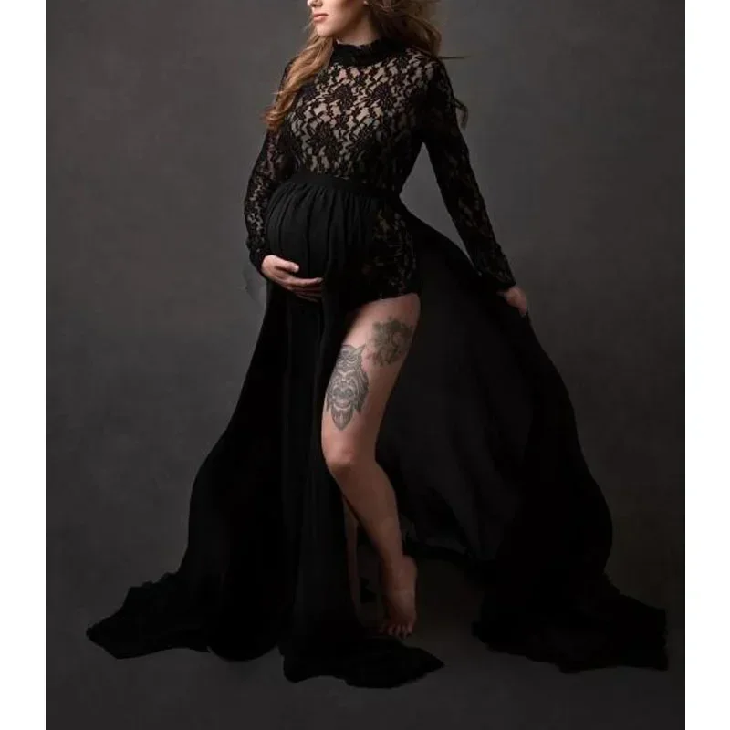 

Stretchy Lace Bodysuit Maternity Dress For Photo Shooting Pregnancy Photography Props Bodysuits Sides Slit Dress