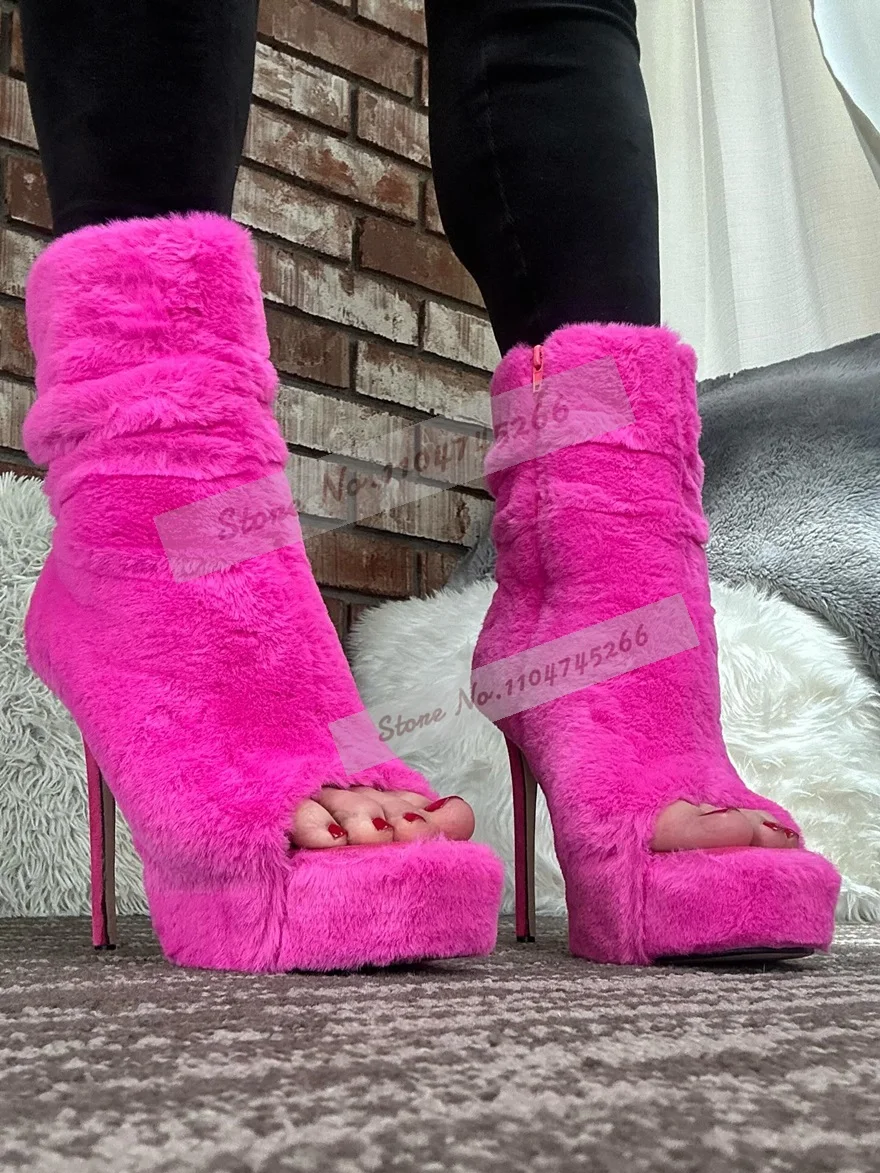 

Fuchsia Pink Fur High Heel Ankle Boots Platform Peep Toe Soft Plush Short Booties Fall Winter Furry Sweet Stiletto Heel Shoes