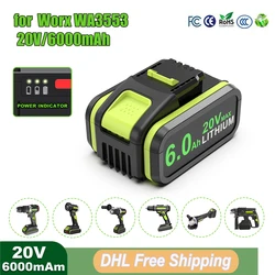 20V/6.0Ah Battery for Worx WA3553 Replacement Battery Cordless Power Tool Spare Batterie WA3572 WA3553 WX390 WA3551 WX176 WX178