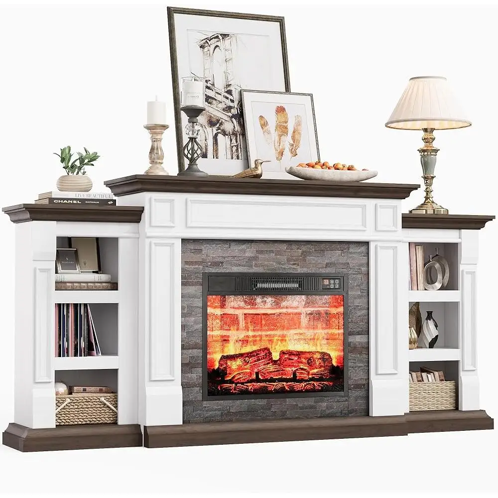 Electric Fireplace Stand with Stacked Stone Surround TV Stand Heater Remote Control Adjustable Flame 2 Storage Cabinets Home