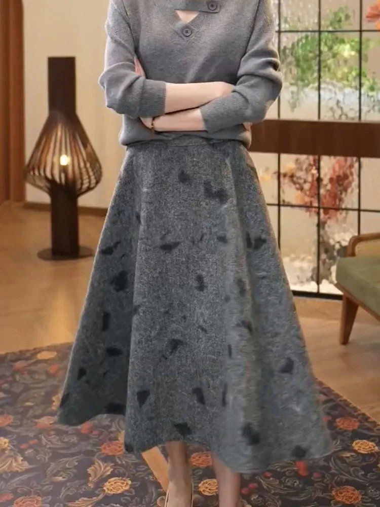 

Юбка А-силуэта с высокой талией в корейском стиле, повседневная шерстяная юбка, осенне-зимняя новинка, модный дизайн, юбка средней длины