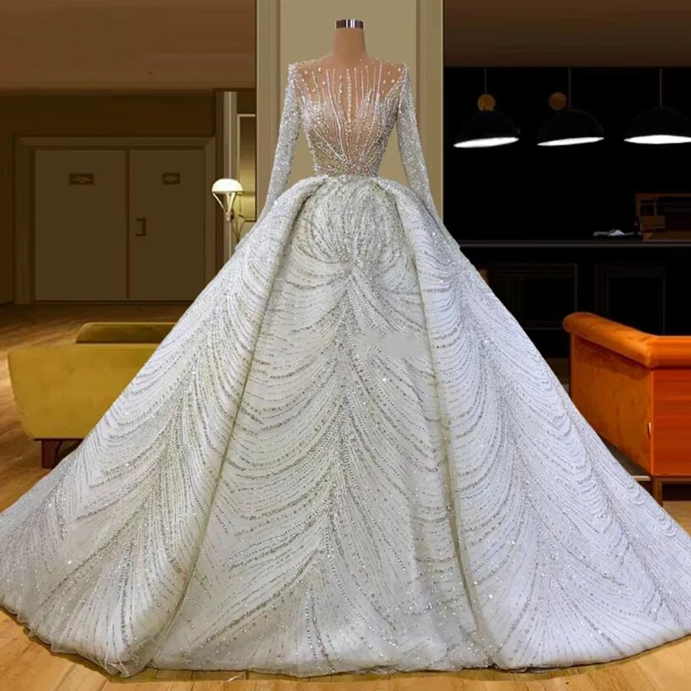 

Luxury White Wedding Dresses Floor Length Long Sleeves Sequins Beading Crystal Illusion High-end Women Evening Ball Gowns