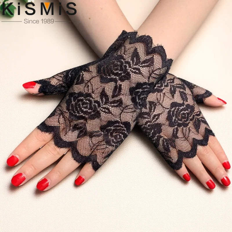 Damskie rękawiczki bez palców z koronki, chroniące przed słońcem, rękawiczki do prowadzenia samochodu z odkrytymi palcami, seksowne akcesoria do kostiumów na imprezę.