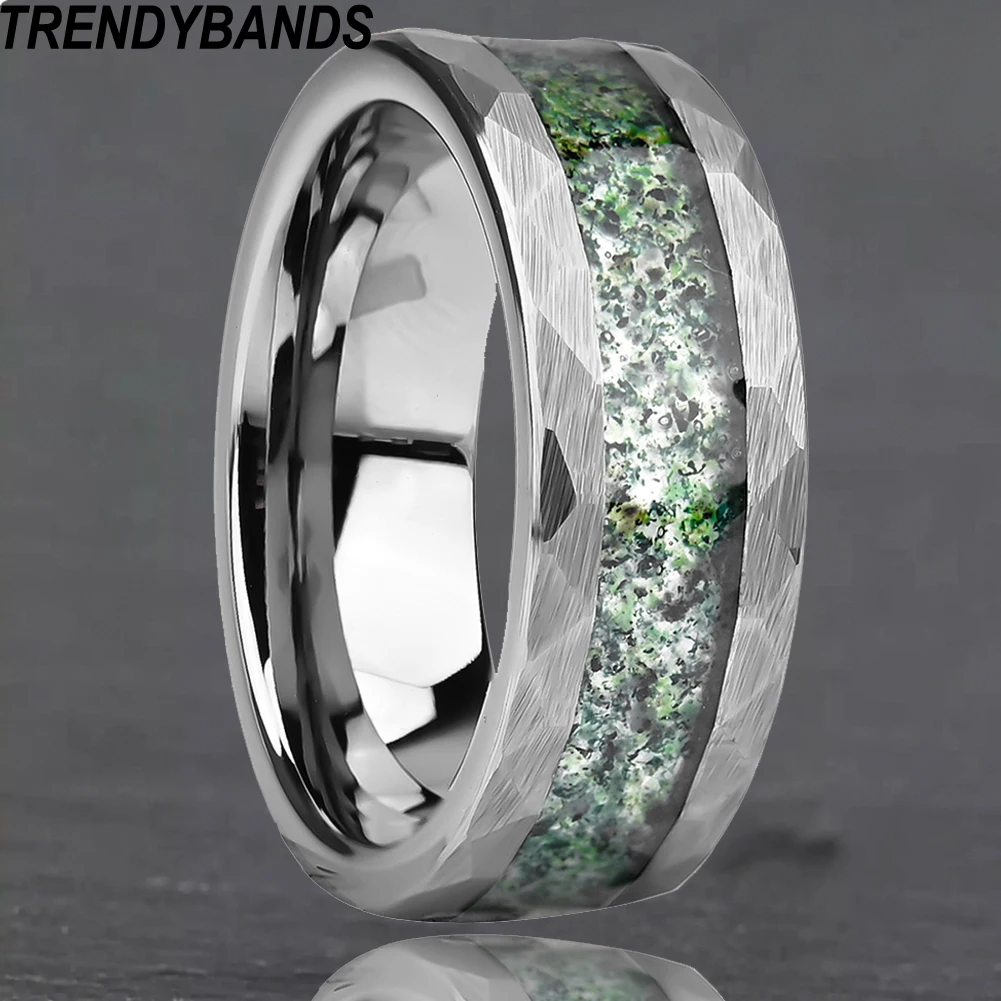

8mm Hammered Tungsten Carbide Ring Engagement Wedding Bands for Men Women Agate Stone Inlay Fashion Jewelry Comfort Fit