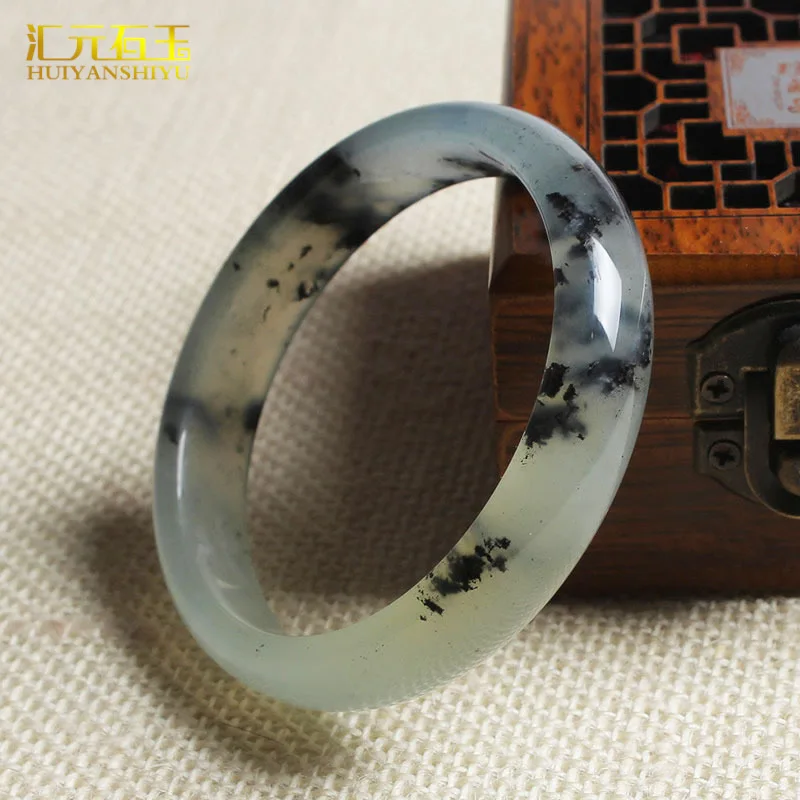 Ice with black patterns, round style, -colored floral jade bracelet, artistic retro ink painting bangle