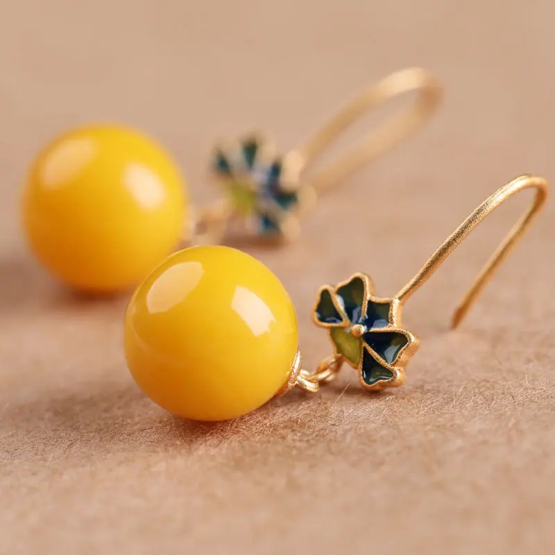 

Classic Design yellow Beeswax earrings for women enamel flower beads Eardrop court style vintage Engagement jewelry gift