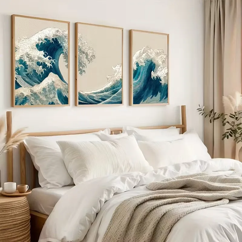 3pcs Japanese-style Serene Wave Abstract Coastal Landscape Canvas Poster Decoration, Blue Nautical Zen Beach Home Decoration