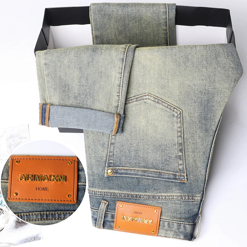 Herfst En Winter Nieuwe High-End Retro Lichtblauwe Jeans Tij Doen Oude Slanke Stretch Mode Kleine Voeten Heren Broek Broek Man