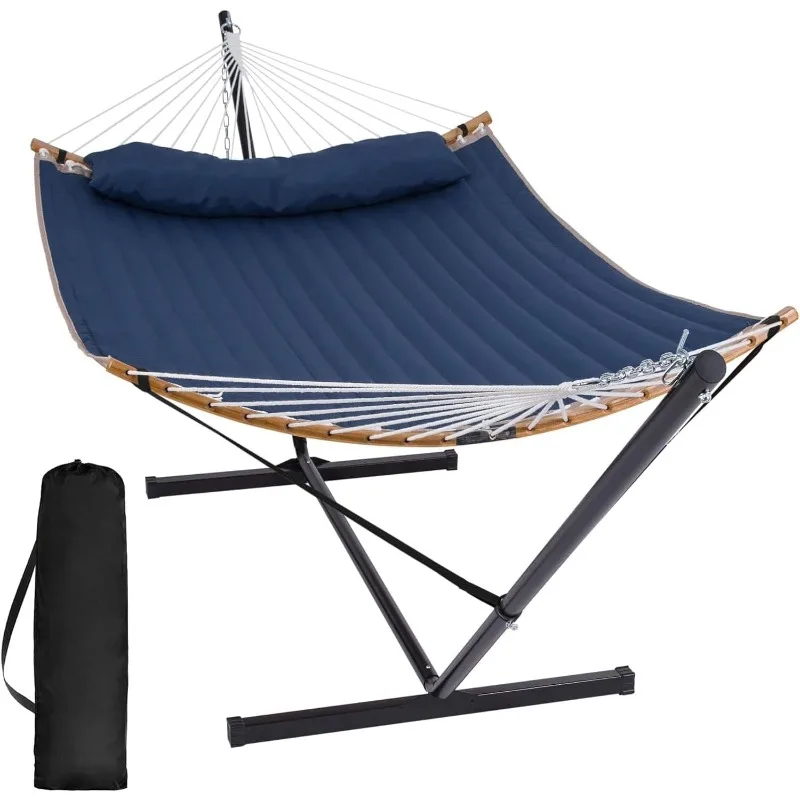 Outdoor Hammock with Curved Spreader Bar, Patio Double Hammock with Stand, Soft Pillow, 450 lbs Capacity,Dark Blue US(Origin)