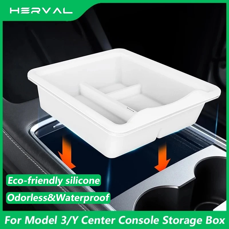 

Herva for Tesla Model 3/Y 2021 2022 2023 2024 Car Storage Box Silicone Center Console Organizer Box Hidden Armrest Storage Box