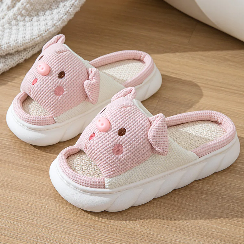 2024 New Pink 3.5cm Fashion Soft Ladies Casual Cute Piggy Pattern Design comode pantofole da casa in lino femminile