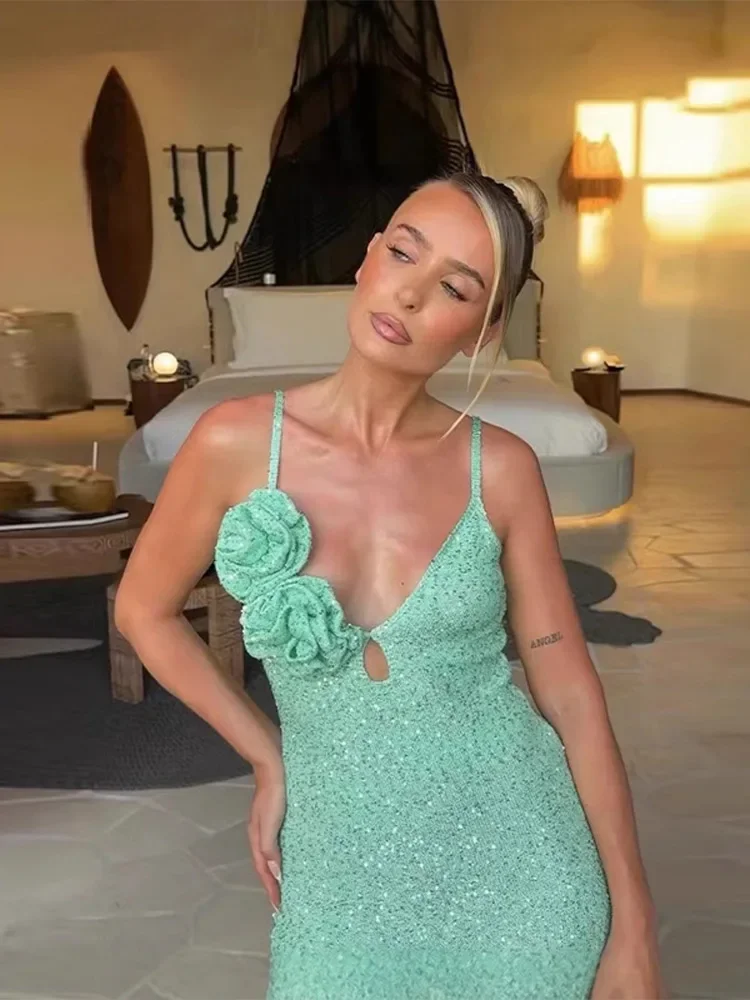 Mulher lantejoulas vestidos de flores feminino sexy decote em v deslizamento flash vestido fino fishtail vestido verão férias praia longo