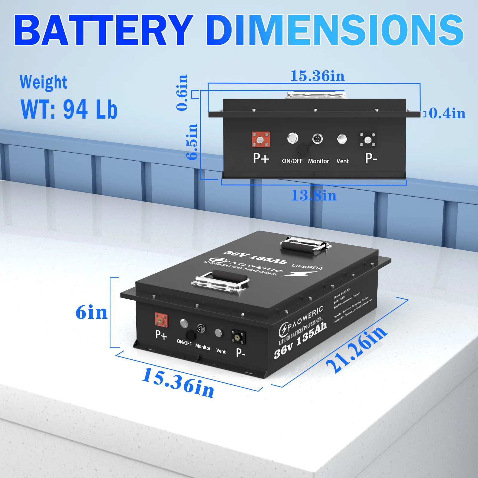 PAOWERIC 36V 135Ah Bluetooth LiFePO4 Lithium Iron Phosphate Battery Built-in 200A BMS Smart APP Monitoring Deep Cycle Battery For Golf Cart Off-Grid Solar Energy Storage