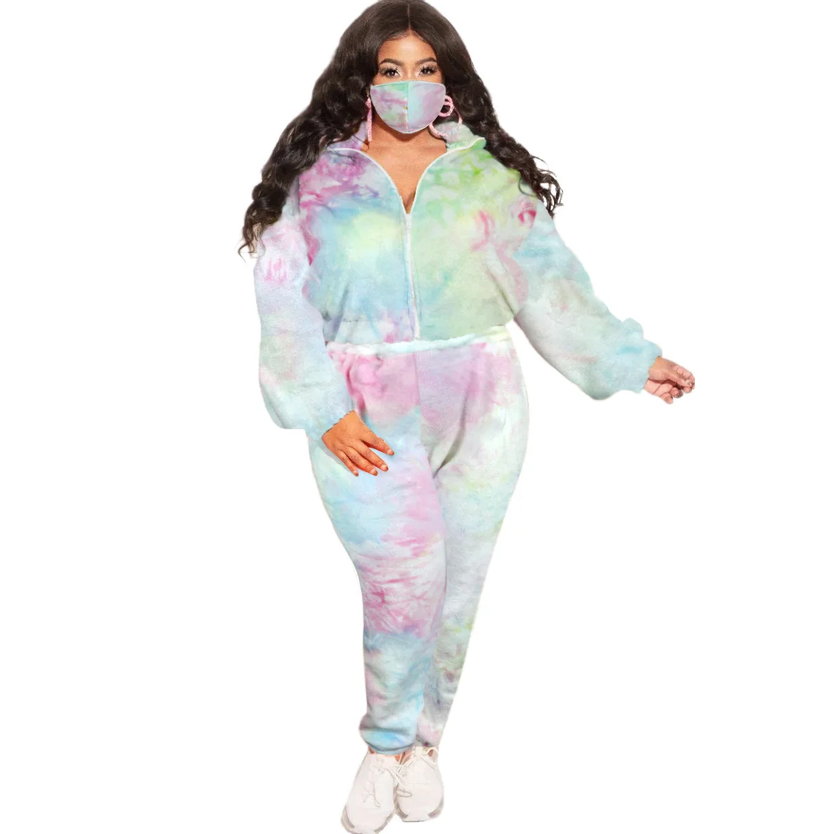 FNOCE Women\'s Clothing Plus Size Sets 2023 Flannel Tie-Dye Home Three-Piece Suit Large Fashion Casual Set Urban Autumn Cotton