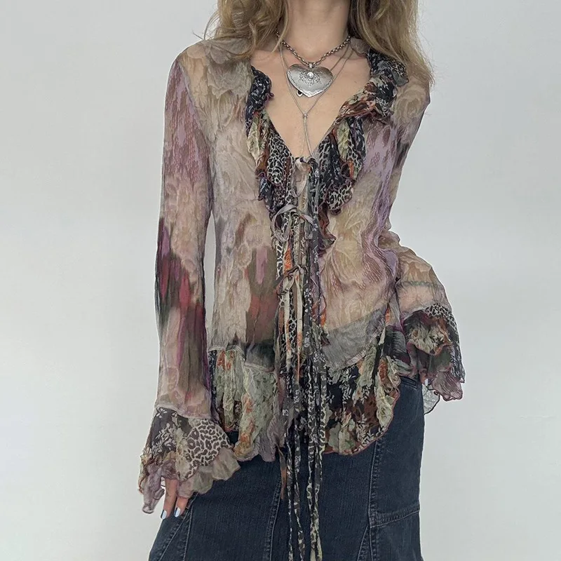 

Vintage Floral Print Mesh Women's Top Sexy See-Through Ruffle Lace-Up V-Neck T-Shirt Flirty Multi-Layered Flared Long Sleeve Top