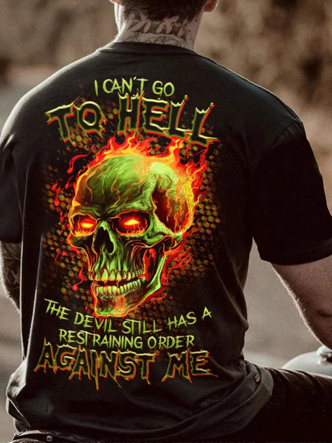 Gothic Men's Black Graphic T-Shirt Flaming Skull Neon Horror Slogan Distressed Letter Print Bold Illustration 100% Cotton Heavyweight Short Sleeve Casual Streetwear Tee