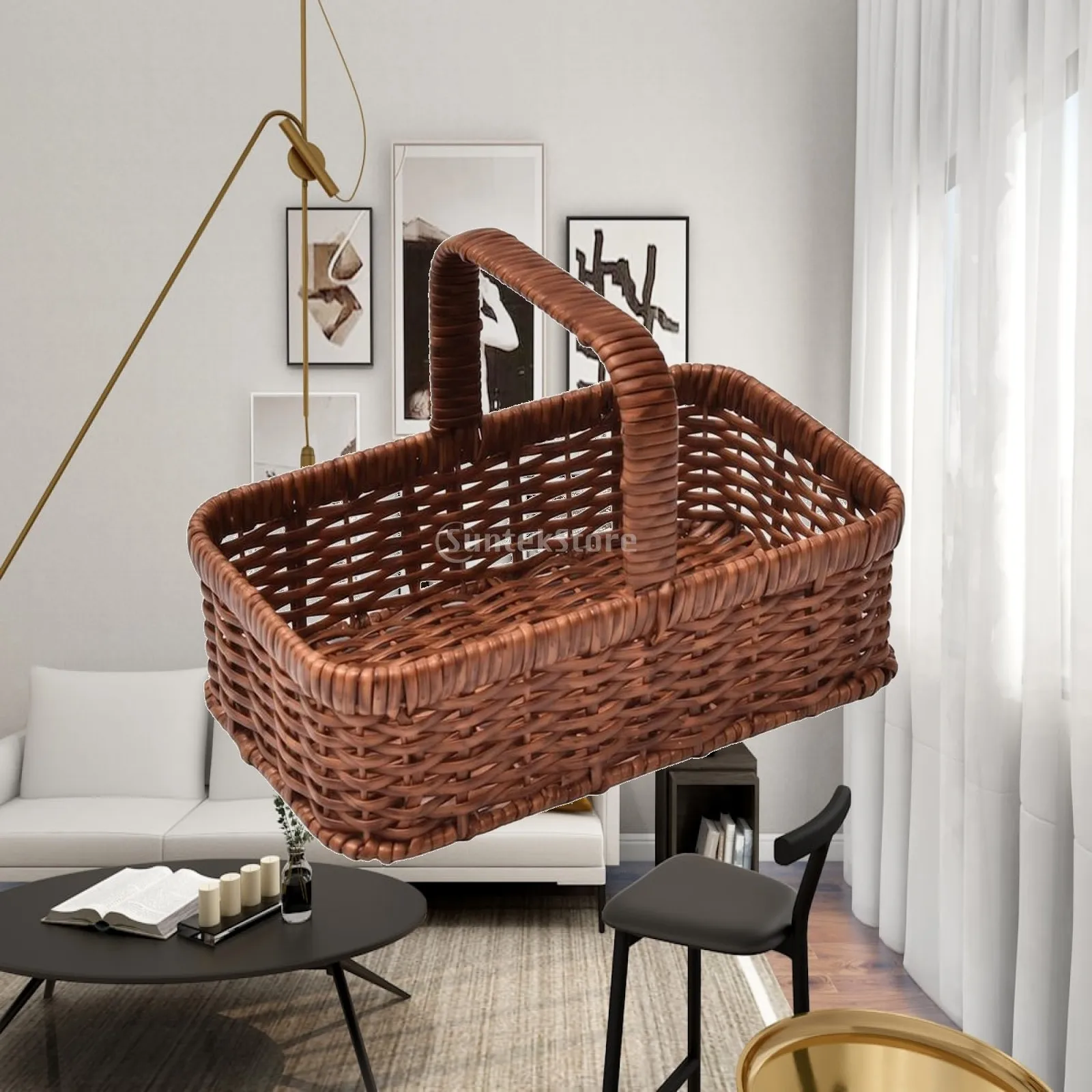 Rectangular Woven Basket with Integrated Handle Sturdy PP Rattan Hand Basket Hand Woven Rattan Bin Lightweight Rustic