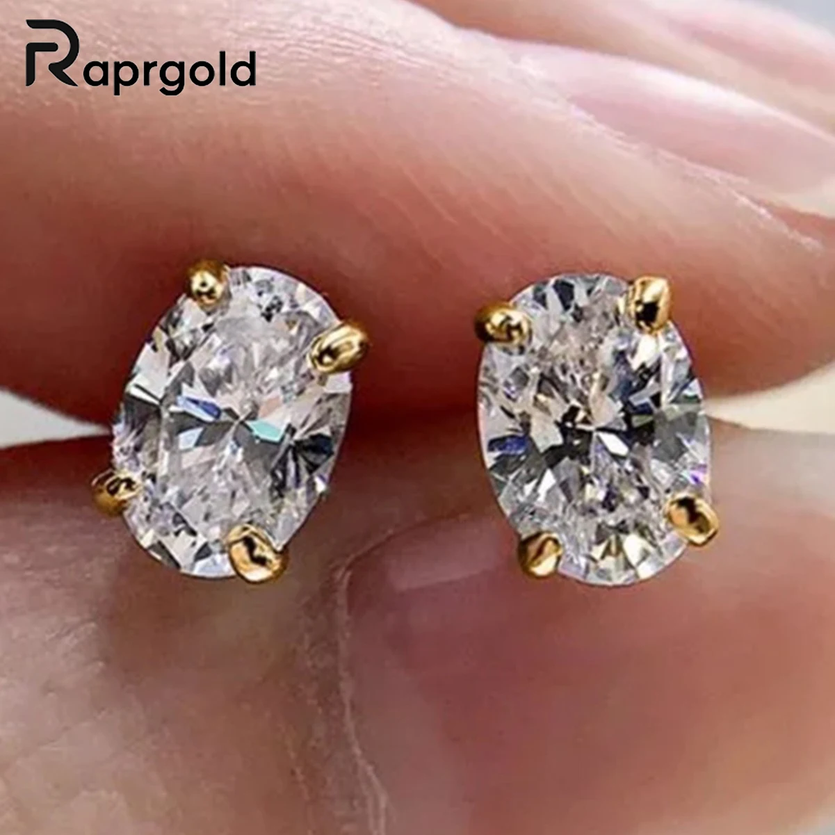 RAPRGOLD Moissanite Classic Solitaire Stud Earrings Four-prong Single-stone Simple Oval-shaped Women's Earrings Jewelry Gift
