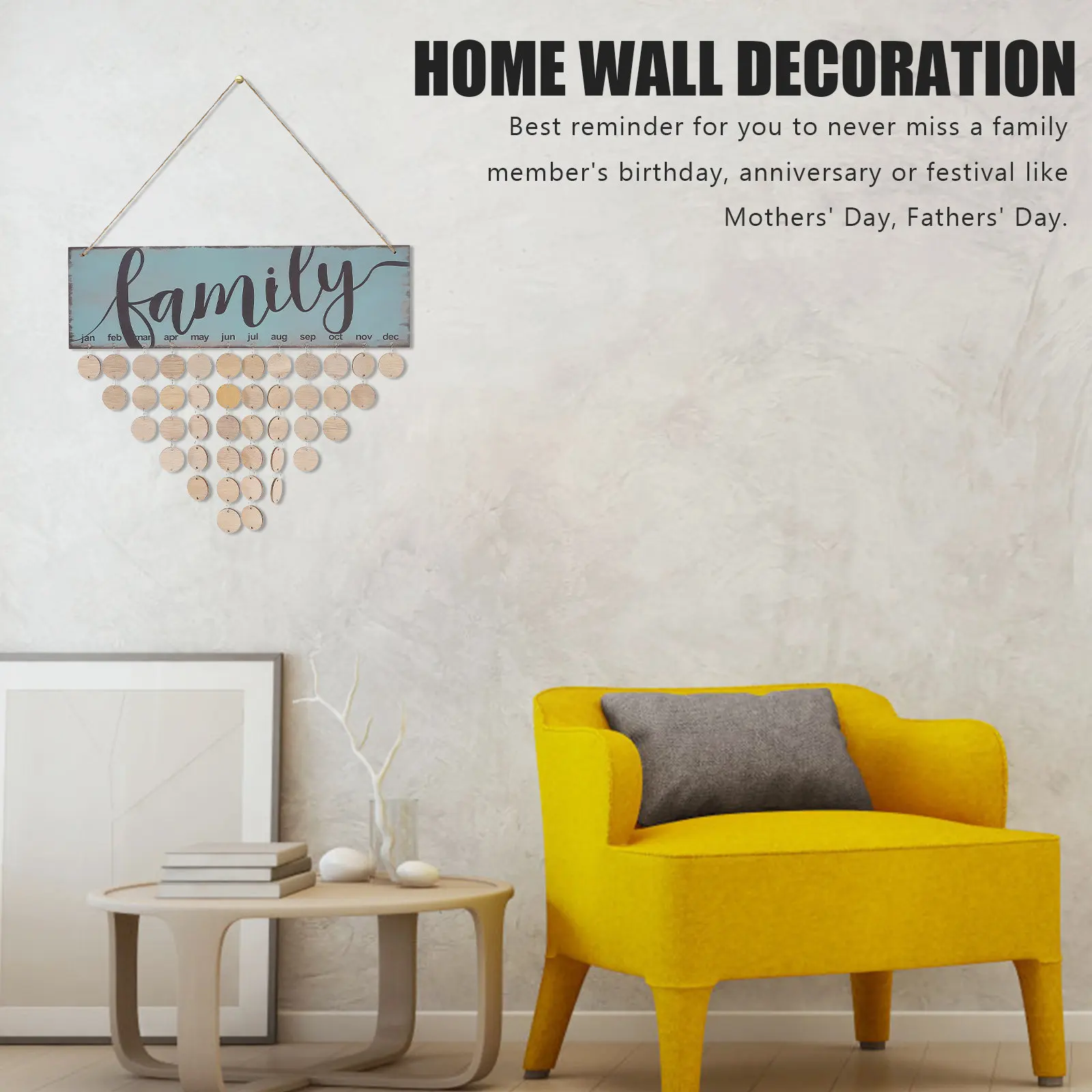 

Family Birthday Board Wooden Calendar DIY Home Wall Decor 1 Plaque 1 Rope 50 Round Discs Colorful Easy Assemble