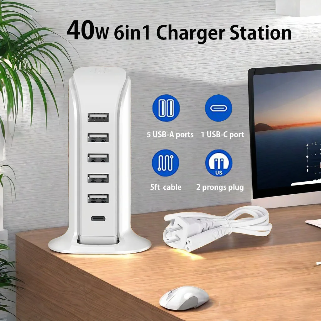 

40W USB Charger,Fast Charging for iPhone,USB Hub Power Strip Fit for Laptop,Tablet,Phone,Airpods,Type C Charger with 5ft Cable